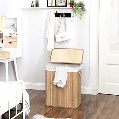 SONGMICS LCB071N02 Laundry Basket, 100 L Laundry Basket, Dirty Sorting Compartment, Bamboo Lid, Handles, Foldable, Removable Machine Washable Bag, for Laundry Room, Bedroom, Wood Colour 2 SONGMICS LCB071N02 Laundry Basket, 100 L Laundry Basket, Dirty Sorting Compartment, Bamboo Lid, Handles, Foldable, Removable Machine Washable Bag, for Laundry Room, Bedroom, Wood Colour - Image 2