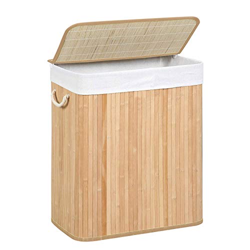 SONGMICS LCB071N02 Laundry Basket, 100 L Laundry Basket, Dirty Sorting Compartment, Bamboo Lid, Handles, Foldable, Removable Machine Washable Bag, for Laundry Room, Bedroom, Wood Colour 1 SONGMICS LCB071N02 Laundry Basket, 100 L Laundry Basket, Dirty Sorting Compartment, Bamboo Lid, Handles, Foldable, Removable Machine Washable Bag, for Laundry Room, Bedroom, Wood Colour