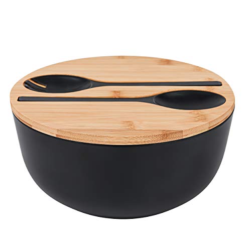 GEHE Salad Bowl with Servers Set - Large 9.8 inches Mixing Bowls Solid Bamboo Salad Wooden Bowl with Bamboo Lid Spoon for Fruits,Salads and Decoration (Black, 9.8INCH) 1 GEHE Salad Bowl with Servers Set - Large 9.8 inches Mixing Bowls Solid Bamboo Salad Wooden Bowl with Bamboo Lid Spoon for Fruits,Salads and Decoration (Black, 9.8INCH)