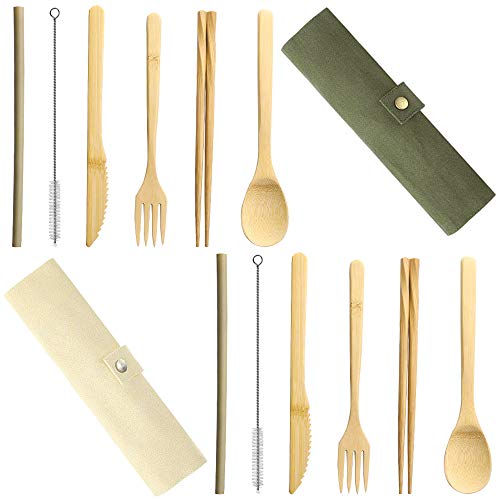 Set of 2, Bamboo Utensils Cutlery, SourceTon Reusable Cutlery Travel Set, Bamboo Spoon, Fork, Knife, Brush, Chopsticks and Straw, Eco-Friendly Portable Utensils with Case 2 Set of 2, Bamboo Utensils Cutlery, SourceTon Reusable Cutlery Travel Set, Bamboo Spoon, Fork, Knife, Brush, Chopsticks and Straw, Eco-Friendly Portable Utensils with Case - Image 2