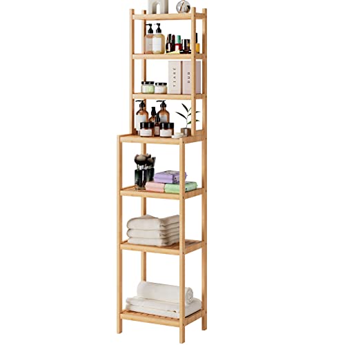 Tall Storage Shelves Bamboo 7-tier Floor Standing Ladder Shelving Unit Adjustable Bathroom Display Rack for Home… 1 Tall Storage Shelves Bamboo 7-tier Floor Standing Ladder Shelving Unit Adjustable Bathroom Display Rack for Home…