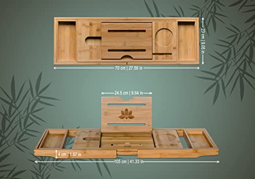 VELIATTE Wooden Bath Tray Extendable 70-105 x 23 x 4 cm - Bath Tablet Holder with Stylus - Bath Wine and Phone Holder - Luxury Bamboo Bath Caddy Tray - Bathroom Accessories with Bath Book Holder 2 VELIATTE Wooden Bath Tray Extendable 70-105 x 23 x 4 cm - Bath Tablet Holder with Stylus - Bath Wine and Phone Holder - Luxury Bamboo Bath Caddy Tray - Bathroom Accessories with Bath Book Holder - Image 2
