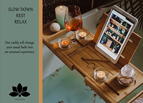 VELIATTE Wooden Bath Tray Extendable 70-105 x 23 x 4 cm - Bath Tablet Holder with Stylus - Bath Wine and Phone Holder - Luxury Bamboo Bath Caddy Tray - Bathroom Accessories with Bath Book Holder 5 VELIATTE Wooden Bath Tray Extendable 70-105 x 23 x 4 cm - Bath Tablet Holder with Stylus - Bath Wine and Phone Holder - Luxury Bamboo Bath Caddy Tray - Bathroom Accessories with Bath Book Holder - Image 5