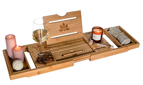 VELIATTE Wooden Bath Tray Extendable 70-105 x 23 x 4 cm - Bath Tablet Holder with Stylus - Bath Wine and Phone Holder - Luxury Bamboo Bath Caddy Tray - Bathroom Accessories with Bath Book Holder 1 VELIATTE Wooden Bath Tray Extendable 70-105 x 23 x 4 cm - Bath Tablet Holder with Stylus - Bath Wine and Phone Holder - Luxury Bamboo Bath Caddy Tray - Bathroom Accessories with Bath Book Holder