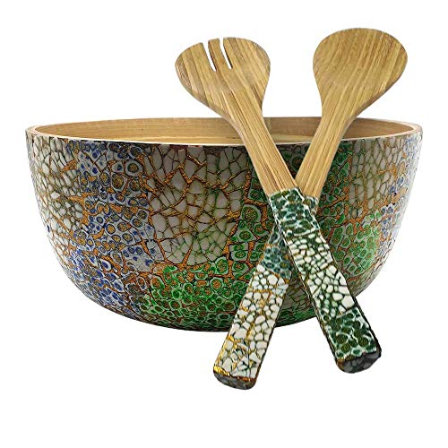 VIE Gourmet Bamboo Bowl, 23x10cm, Green, with Matching Salad Servers, Multicolor, One Size 1 VIE Gourmet Bamboo Bowl, 23x10cm, Green, with Matching Salad Servers, Multicolor, One Size