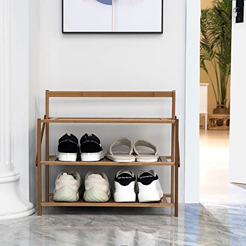 hi-home Shoe Rack Small 3 Tier, Bamboo Shoe Storage Installation-free Multi-function Shoe Stand, Folding Shoe Shelf for Hallway Entryway and Small Narrow Spaces, About 6-9 Pairs, 50x45x23.8CM 2 hi-home Shoe Rack Small 3 Tier, Bamboo Shoe Storage Installation-free Multi-function Shoe Stand, Folding Shoe Shelf for Hallway Entryway and Small Narrow Spaces, About 6-9 Pairs, 50x45x23.8CM - Image 2
