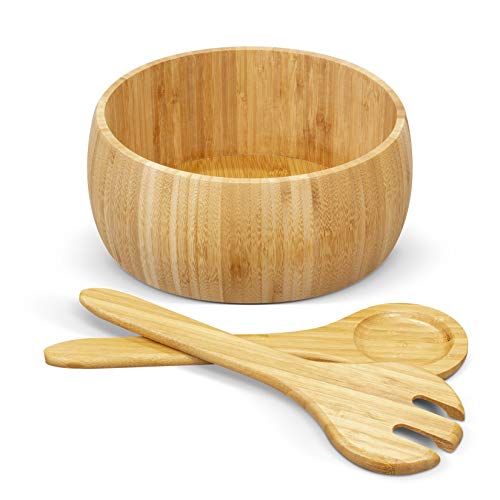 woodluv Bamboo Salad Bowls or Fruit Bowl With 2 Salad Serving Utensils