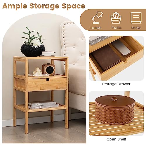 CASART Bedside Table, 3-Tier Bamboo End Table with Drawer and Open Shelves, Natural Nightstand Side Tables for Bedroom Living Room (1) 2 CASART Bedside Table, 3-Tier Bamboo End Table with Drawer and Open Shelves, Natural Nightstand Side Tables for Bedroom Living Room (1) - Image 2
