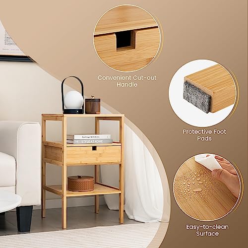 CASART Bedside Table, 3-Tier Bamboo End Table with Drawer and Open Shelves, Natural Nightstand Side Tables for Bedroom Living Room (1) 3 CASART Bedside Table, 3-Tier Bamboo End Table with Drawer and Open Shelves, Natural Nightstand Side Tables for Bedroom Living Room (1) - Image 3