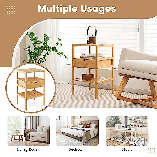 CASART Bedside Table, 3-Tier Bamboo End Table with Drawer and Open Shelves, Natural Nightstand Side Tables for Bedroom Living Room (1) 6 CASART Bedside Table, 3-Tier Bamboo End Table with Drawer and Open Shelves, Natural Nightstand Side Tables for Bedroom Living Room (1) - Image 6