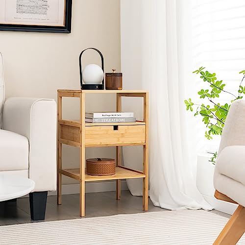 CASART Bedside Table, 3-Tier Bamboo End Table with Drawer and Open Shelves, Natural Nightstand Side Tables for Bedroom Living Room (1) 7 CASART Bedside Table, 3-Tier Bamboo End Table with Drawer and Open Shelves, Natural Nightstand Side Tables for Bedroom Living Room (1) - Image 7