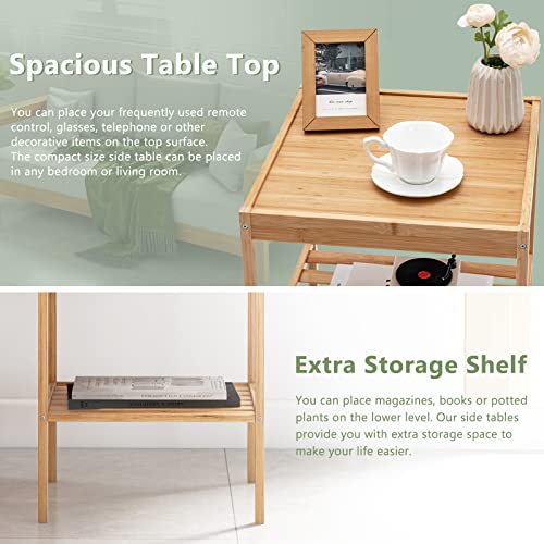 COSTWAY Bedside Tables Set of 2, Bamboo Nightstand End Sofa Side Table with Storage Shelf, 2-Tier Square Accent Coffee Tea Table for Living Room, Bedroom and Office, Natural 2 COSTWAY Bedside Tables Set of 2, Bamboo Nightstand End Sofa Side Table with Storage Shelf, 2-Tier Square Accent Coffee Tea Table for Living Room, Bedroom and Office, Natural - Image 2
