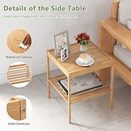 COSTWAY Bedside Tables Set of 2, Bamboo Nightstand End Sofa Side Table with Storage Shelf, 2-Tier Square Accent Coffee Tea Table for Living Room, Bedroom and Office, Natural 3 COSTWAY Bedside Tables Set of 2, Bamboo Nightstand End Sofa Side Table with Storage Shelf, 2-Tier Square Accent Coffee Tea Table for Living Room, Bedroom and Office, Natural - Image 3