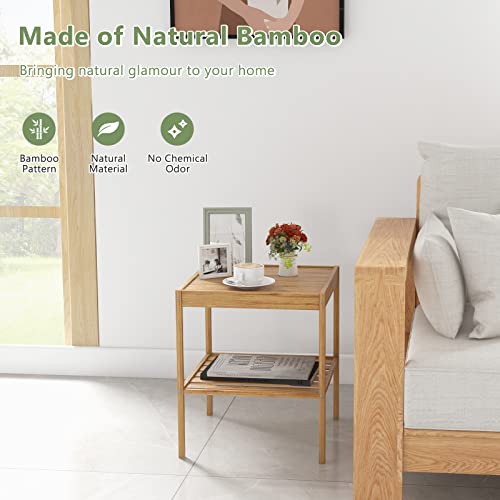 COSTWAY Bedside Tables Set of 2, Bamboo Nightstand End Sofa Side Table with Storage Shelf, 2-Tier Square Accent Coffee Tea Table for Living Room, Bedroom and Office, Natural 4 COSTWAY Bedside Tables Set of 2, Bamboo Nightstand End Sofa Side Table with Storage Shelf, 2-Tier Square Accent Coffee Tea Table for Living Room, Bedroom and Office, Natural - Image 4