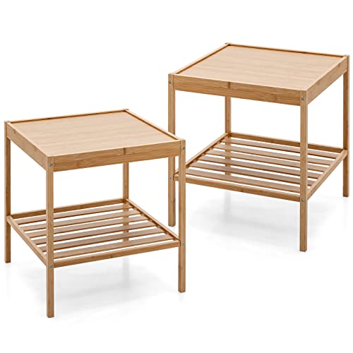COSTWAY Bedside Tables Set of 2, Bamboo Nightstand End Sofa Side Table with Storage Shelf, 2-Tier Square Accent Coffee Tea Table for Living Room, Bedroom and Office, Natural 1 COSTWAY Bedside Tables Set of 2, Bamboo Nightstand End Sofa Side Table with Storage Shelf, 2-Tier Square Accent Coffee Tea Table for Living Room, Bedroom and Office, Natural