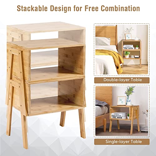 COSTWAY Set of 2 Stackable Bedside Tables, Bamboo Nightstand Sofa Side Table with Open Storage Compartment, Home Living Room Bedroom Coffee Tea End Table (Natural) 3 COSTWAY Set of 2 Stackable Bedside Tables, Bamboo Nightstand Sofa Side Table with Open Storage Compartment, Home Living Room Bedroom Coffee Tea End Table (Natural) - Image 3