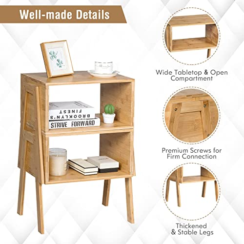 COSTWAY Set of 2 Stackable Bedside Tables, Bamboo Nightstand Sofa Side Table with Open Storage Compartment, Home Living Room Bedroom Coffee Tea End Table (Natural) 5 COSTWAY Set of 2 Stackable Bedside Tables, Bamboo Nightstand Sofa Side Table with Open Storage Compartment, Home Living Room Bedroom Coffee Tea End Table (Natural) - Image 5