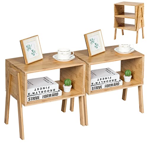 COSTWAY Set of 2 Stackable Bedside Tables, Bamboo Nightstand Sofa Side Table with Open Storage Compartment, Home Living Room Bedroom Coffee Tea End Table (Natural) 2 COSTWAY Set of 2 Stackable Bedside Tables, Bamboo Nightstand Sofa Side Table with Open Storage Compartment, Home Living Room Bedroom Coffee Tea End Table (Natural) - Image 2