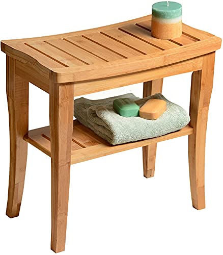 HOMCOM Bamboo Shower Bench Bathroom Stool Spa Bath Organizer Seat W/ Shelf - Natural Wood