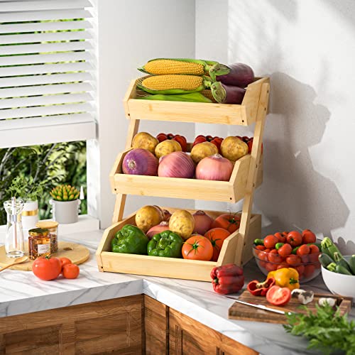 CALM COZY 3 Tier Bamboo Fruit Basket for Kitchen, Vegetables Storage Stand Detachable Holder for Fruits Veggies Bread Snacks in Home, Kitchen Office 6 CALM COZY 3 Tier Bamboo Fruit Basket for Kitchen, Vegetables Storage Stand Detachable Holder for Fruits Veggies Bread Snacks in Home, Kitchen Office - Image 6