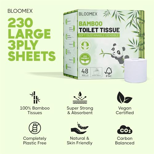 BLOOMEX® Bamboo Toilet Rolls - 48 Rolls, Premium 3-Ply, 230 Large Sheets | Plastic Free Packaging, Sustainable Tissue Paper | Bleach Free White Toilet Tissue. 2 BLOOMEX® Bamboo Toilet Rolls - 48 Rolls, Premium 3-Ply, 230 Large Sheets | Plastic Free Packaging, Sustainable Tissue Paper | Bleach Free White Toilet Tissue. - Image 2