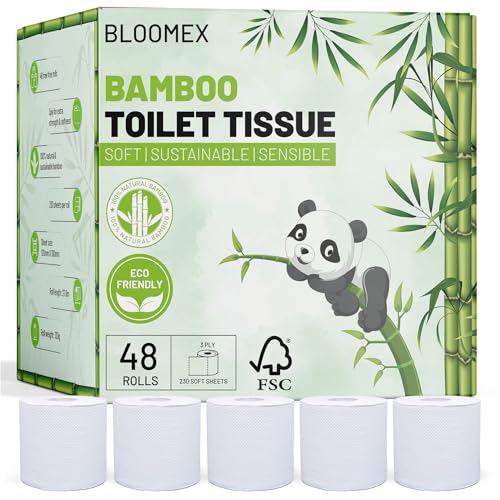 BLOOMEX® Bamboo Toilet Rolls - 48 Rolls, Premium 3-Ply, 230 Large Sheets | Plastic Free Packaging, Sustainable Tissue Paper | Bleach Free White Toilet Tissue. 1 BLOOMEX® Bamboo Toilet Rolls - 48 Rolls, Premium 3-Ply, 230 Large Sheets | Plastic Free Packaging, Sustainable Tissue Paper | Bleach Free White Toilet Tissue.