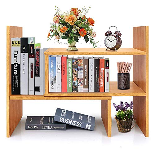 Bamboo Desk Storage Organizer Adjustable Desktop Display Shelf Rack