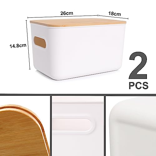 Bienvoun 2 Pack Storage Box with Wood Lid Plastic Storage Boxes Stackable Storage Baskets for Shelves Kitchen Bathroom Toy Organiser White 6.5L, 25.7 x 17.7 x 15.5 cm 2 Bienvoun 2 Pack Storage Box with Wood Lid Plastic Storage Boxes Stackable Storage Baskets for Shelves Kitchen Bathroom Toy Organiser White 6.5L, 25.7 x 17.7 x 15.5 cm - Image 2