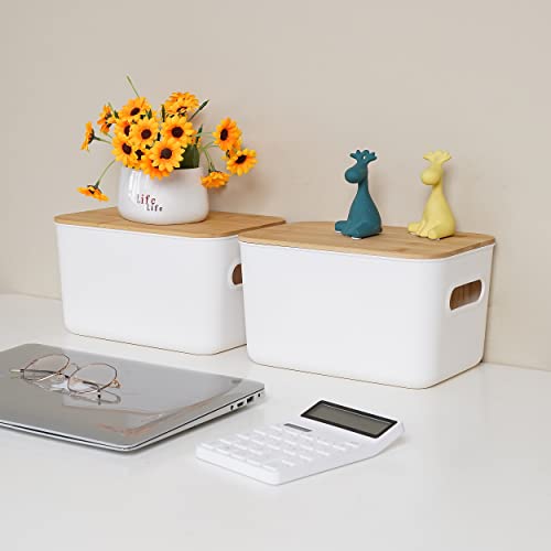 Bienvoun 2 Pack Storage Box with Wood Lid Plastic Storage Boxes Stackable Storage Baskets for Shelves Kitchen Bathroom Toy Organiser White 6.5L, 25.7 x 17.7 x 15.5 cm 4 Bienvoun 2 Pack Storage Box with Wood Lid Plastic Storage Boxes Stackable Storage Baskets for Shelves Kitchen Bathroom Toy Organiser White 6.5L, 25.7 x 17.7 x 15.5 cm - Image 4