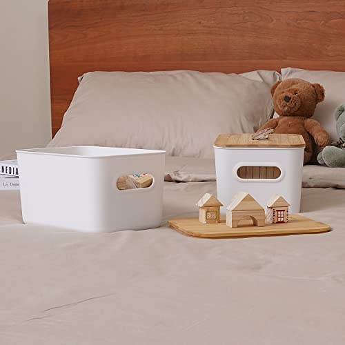 Bienvoun 2 Pack Storage Box with Wood Lid Plastic Storage Boxes Stackable Storage Baskets for Shelves Kitchen Bathroom Toy Organiser White 6.5L, 25.7 x 17.7 x 15.5 cm 5 Bienvoun 2 Pack Storage Box with Wood Lid Plastic Storage Boxes Stackable Storage Baskets for Shelves Kitchen Bathroom Toy Organiser White 6.5L, 25.7 x 17.7 x 15.5 cm - Image 5