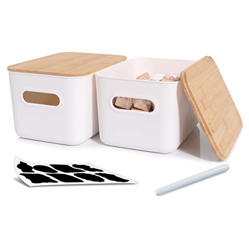 Bienvoun 2 Pack Storage Box with Wood Lid Plastic Storage Boxes Stackable Storage Baskets for Shelves Kitchen Bathroom Toy Organiser White 6.5L, 25.7 x 17.7 x 15.5 cm 1 Bienvoun 2 Pack Storage Box with Wood Lid Plastic Storage Boxes Stackable Storage Baskets for Shelves Kitchen Bathroom Toy Organiser White 6.5L, 25.7 x 17.7 x 15.5 cm