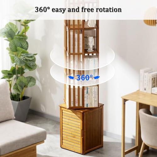 Bookshelf Tower, Freestanding 360° Rotating Bookshelf, Bamboo Tall Bookshelves Storage Shelf with Locker, Floor Standing Narrow Book Shelf Organizer, for Home/Office 3 Bookshelf Tower, Freestanding 360° Rotating Bookshelf, Bamboo Tall Bookshelves Storage Shelf with Locker, Floor Standing Narrow Book Shelf Organizer, for Home/Office - Image 3