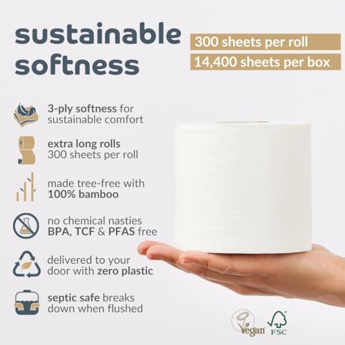Bumboo Bamboo Toilet Roll 24 Pack | Toilet Paper 3 ply, 300 Sheets | Organic Eco Toilet Paper | Plastic-Free, Soft, Strong, Sustainable & Biodegradable Toilet Tissue 3 Bumboo Bamboo Toilet Roll 24 Pack | Toilet Paper 3 ply, 300 Sheets | Organic Eco Toilet Paper | Plastic-Free, Soft, Strong, Sustainable & Biodegradable Toilet Tissue - Image 3