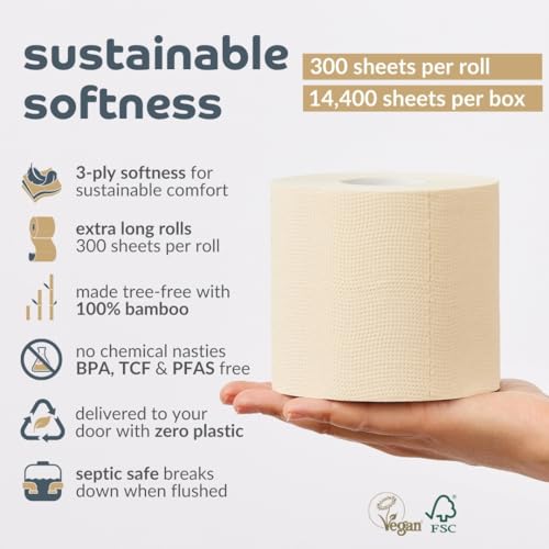 Bumboo Bamboo Toilet Roll 24 Pack | Unbleached Toilet Paper 3 ply, 300 Sheets | Eco Toilet Rolls | Plastic-Free, Soft, Strong, Sustainable & Biodegradable Toilet Tissue 4 Bumboo Bamboo Toilet Roll 24 Pack | Unbleached Toilet Paper 3 ply, 300 Sheets | Eco Toilet Rolls | Plastic-Free, Soft, Strong, Sustainable & Biodegradable Toilet Tissue - Image 4