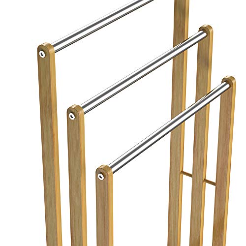CASARIA® 2x 3 Tier Freestanding Bamboo Towel Rack with Stainless Steel Rails | 84x46x21cm | Bathroom Towel Bar Stand & Clothes Drying Airer | Modern Sturdy Organiser | No Drilling 4 CASARIA® 2x 3 Tier Freestanding Bamboo Towel Rack with Stainless Steel Rails | 84x46x21cm | Bathroom Towel Bar Stand & Clothes Drying Airer | Modern Sturdy Organiser | No Drilling - Image 4