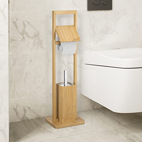 CASARIA® Toilet Accessory Set | Bamboo Toilet Paper Roll Holder | Standing Toilet Brush | Splash Guard | Bathroom Stand Set | Freestanding WC Butler | 83x24.5x20cm | Natural Brown 2 CASARIA® Toilet Accessory Set | Bamboo Toilet Paper Roll Holder | Standing Toilet Brush | Splash Guard | Bathroom Stand Set | Freestanding WC Butler | 83x24.5x20cm | Natural Brown - Image 2