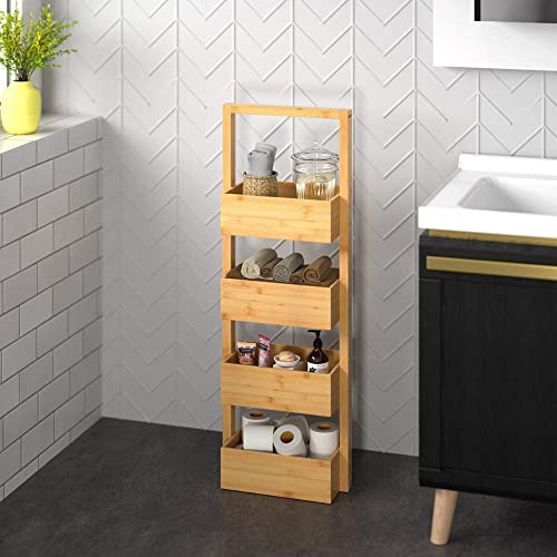CASARIA® Bathroom Storage Shelves | 4 Tier Brown Bamboo Rack | Free Standing Wooden Basket | Bath Shelf | Shower Storage | Sauna | Spa | 88 x 16 x 28cm 2 CASARIA® Bathroom Storage Shelves | 4 Tier Brown Bamboo Rack | Free Standing Wooden Basket | Bath Shelf | Shower Storage | Sauna | Spa | 88 x 16 x 28cm - Image 2