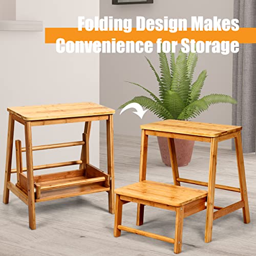 COSTWAY 2 Tier Step Stool, Bamboo Folding Stepladder Foot Stools for Kids and Adults, Multifunctional Household Ladder Display Rack Shoe Bench Up to 100kg (Natural) 4 COSTWAY 2 Tier Step Stool, Bamboo Folding Stepladder Foot Stools for Kids and Adults, Multifunctional Household Ladder Display Rack Shoe Bench Up to 100kg (Natural) - Image 4
