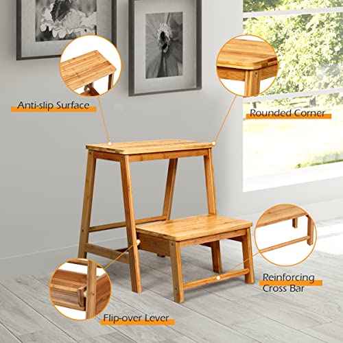 COSTWAY 2 Tier Step Stool, Bamboo Folding Stepladder Foot Stools for Kids and Adults, Multifunctional Household Ladder Display Rack Shoe Bench Up to 100kg (Natural) 5 COSTWAY 2 Tier Step Stool, Bamboo Folding Stepladder Foot Stools for Kids and Adults, Multifunctional Household Ladder Display Rack Shoe Bench Up to 100kg (Natural) - Image 5