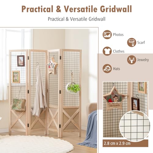 COSTWAY 4 Panel Folding Room Divider with Gridwall Display, Freestanding Decorative Wall Privacy Screen Protector, Solid Wood Room Partition Paravent Separator for Bedroom Living Room Store, 151x144cm 2 COSTWAY 4 Panel Folding Room Divider with Gridwall Display, Freestanding Decorative Wall Privacy Screen Protector, Solid Wood Room Partition Paravent Separator for Bedroom Living Room Store, 151x144cm - Image 2