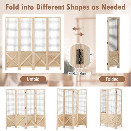 COSTWAY 4 Panel Folding Room Divider with Gridwall Display, Freestanding Decorative Wall Privacy Screen Protector, Solid Wood Room Partition Paravent Separator for Bedroom Living Room Store, 151x144cm 3 COSTWAY 4 Panel Folding Room Divider with Gridwall Display, Freestanding Decorative Wall Privacy Screen Protector, Solid Wood Room Partition Paravent Separator for Bedroom Living Room Store, 151x144cm - Image 3