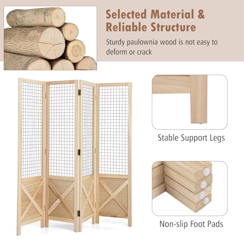 COSTWAY 4 Panel Folding Room Divider with Gridwall Display, Freestanding Decorative Wall Privacy Screen Protector, Solid Wood Room Partition Paravent Separator for Bedroom Living Room Store, 151x144cm 4 COSTWAY 4 Panel Folding Room Divider with Gridwall Display, Freestanding Decorative Wall Privacy Screen Protector, Solid Wood Room Partition Paravent Separator for Bedroom Living Room Store, 151x144cm - Image 4
