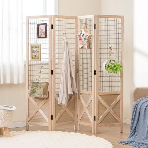 COSTWAY 4 Panel Folding Room Divider with Gridwall Display, Freestanding Decorative Wall Privacy Screen Protector, Solid Wood Room Partition Paravent Separator for Bedroom Living Room Store, 151x144cm 6 COSTWAY 4 Panel Folding Room Divider with Gridwall Display, Freestanding Decorative Wall Privacy Screen Protector, Solid Wood Room Partition Paravent Separator for Bedroom Living Room Store, 151x144cm - Image 6