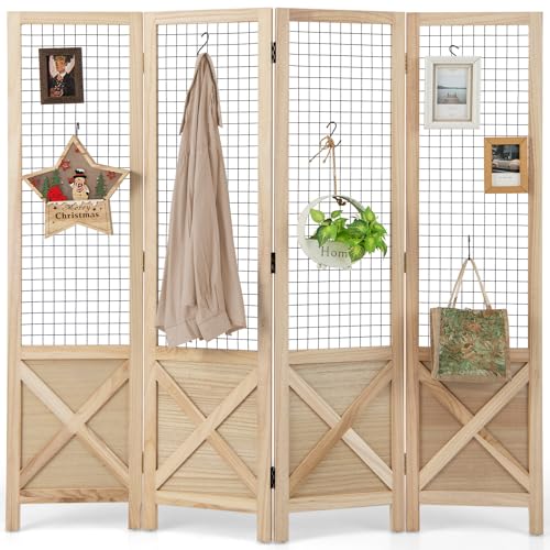 COSTWAY 4 Panel Folding Room Divider with Gridwall Display, Freestanding Decorative Wall Privacy Screen Protector, Solid Wood Room Partition Paravent Separator for Bedroom Living Room Store, 151x144cm 1 COSTWAY 4 Panel Folding Room Divider with Gridwall Display, Freestanding Decorative Wall Privacy Screen Protector, Solid Wood Room Partition Paravent Separator for Bedroom Living Room Store, 151x144cm