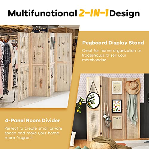 COSTWAY 4 Panel Folding Room Divider with Pegboard Display, Wooden Wall Privacy Screen Protector, Home Living Room Bedroom Hinged Paravent Partition Separator 2 COSTWAY 4 Panel Folding Room Divider with Pegboard Display, Wooden Wall Privacy Screen Protector, Home Living Room Bedroom Hinged Paravent Partition Separator - Image 2