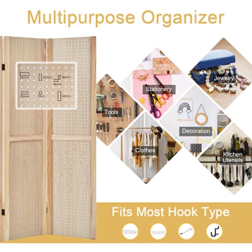 COSTWAY 4 Panel Folding Room Divider with Pegboard Display, Wooden Wall Privacy Screen Protector, Home Living Room Bedroom Hinged Paravent Partition Separator 4 COSTWAY 4 Panel Folding Room Divider with Pegboard Display, Wooden Wall Privacy Screen Protector, Home Living Room Bedroom Hinged Paravent Partition Separator - Image 4