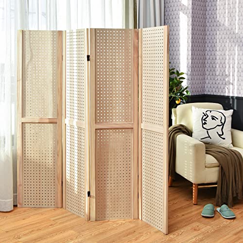 COSTWAY 4 Panel Folding Room Divider with Pegboard Display, Wooden Wall Privacy Screen Protector, Home Living Room Bedroom Hinged Paravent Partition Separator 7 COSTWAY 4 Panel Folding Room Divider with Pegboard Display, Wooden Wall Privacy Screen Protector, Home Living Room Bedroom Hinged Paravent Partition Separator - Image 7