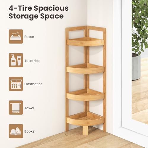 COSTWAY 4-Tier Bamboo Bathroom Shelf, Freestanding Corner Shelf Storage Shelving Unit, Floor Display Rack Organizer for Small Space, Bathroom, Living Room, Kitchen and Balcony, 23x23x80cm, Natural 4 COSTWAY 4-Tier Bamboo Bathroom Shelf, Freestanding Corner Shelf Storage Shelving Unit, Floor Display Rack Organizer for Small Space, Bathroom, Living Room, Kitchen and Balcony, 23x23x80cm, Natural - Image 4