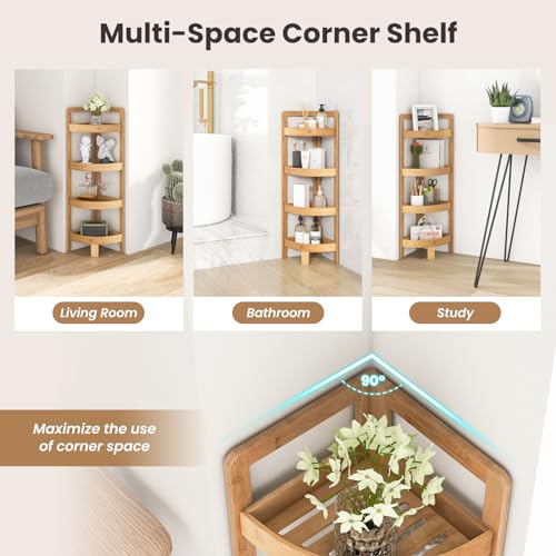 COSTWAY 4-Tier Bamboo Bathroom Shelf, Freestanding Corner Shelf Storage Shelving Unit, Floor Display Rack Organizer for Small Space, Bathroom, Living Room, Kitchen and Balcony, 23x23x80cm, Natural 5 COSTWAY 4-Tier Bamboo Bathroom Shelf, Freestanding Corner Shelf Storage Shelving Unit, Floor Display Rack Organizer for Small Space, Bathroom, Living Room, Kitchen and Balcony, 23x23x80cm, Natural - Image 5