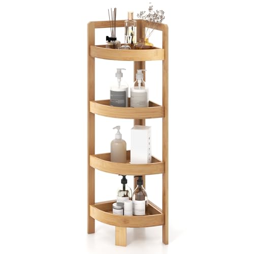 COSTWAY 4-Tier Bamboo Bathroom Shelf, Freestanding Corner Shelf Storage Shelving Unit, Floor Display Rack Organizer for Small Space, Bathroom, Living Room, Kitchen and Balcony, 23x23x80cm, Natural 1 COSTWAY 4-Tier Bamboo Bathroom Shelf, Freestanding Corner Shelf Storage Shelving Unit, Floor Display Rack Organizer for Small Space, Bathroom, Living Room, Kitchen and Balcony, 23x23x80cm, Natural